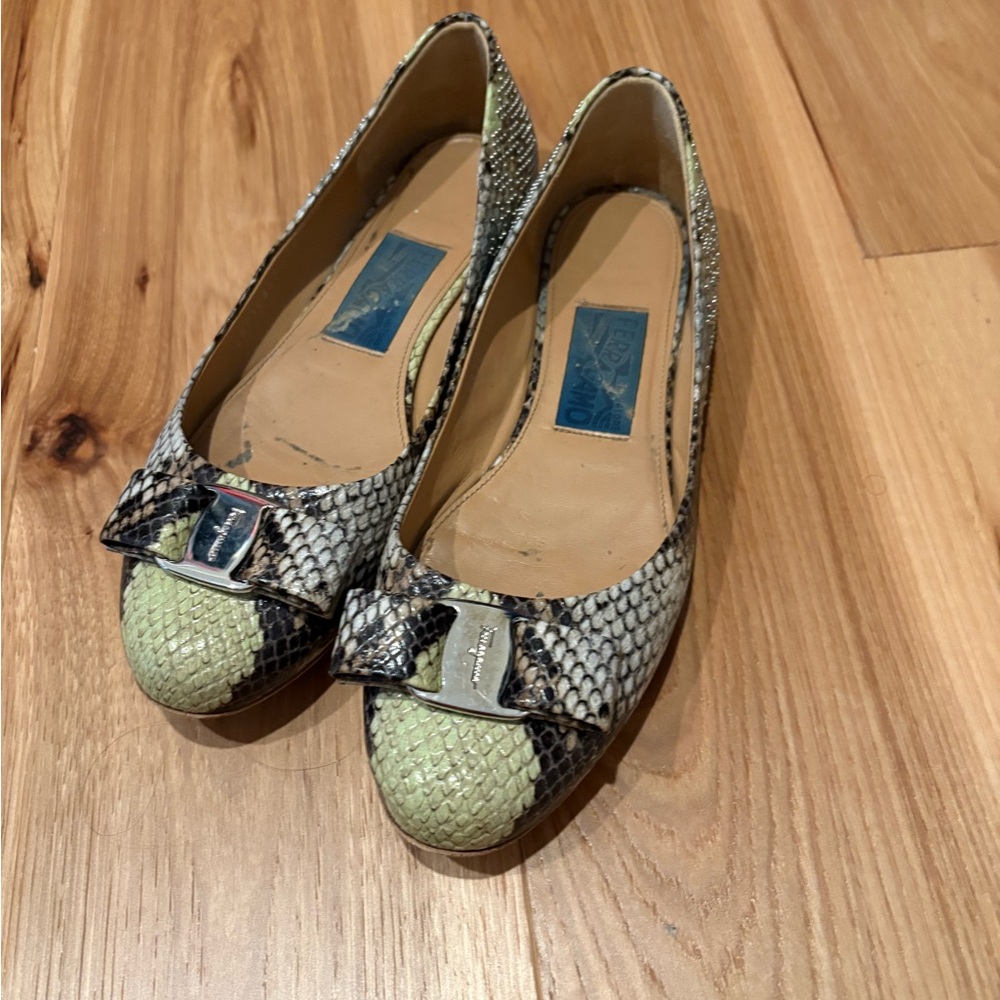 Salvatore Ferragamo Snake Print Flats with Bow